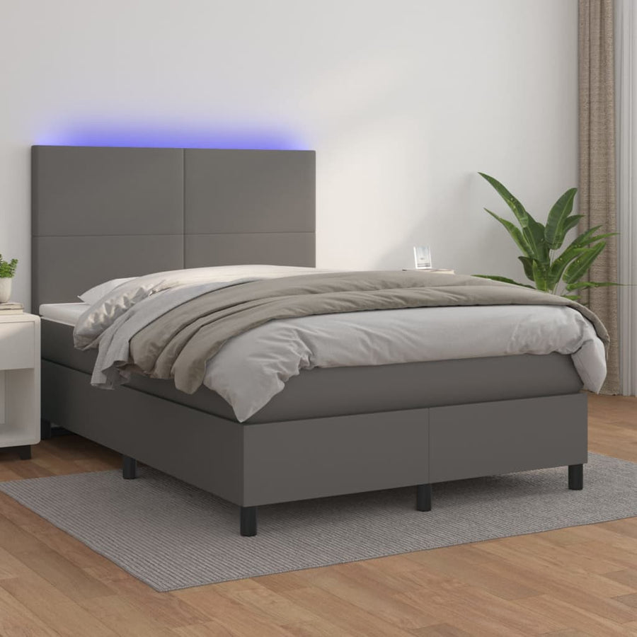 Boxspring Met Matras En Led Kunstleer Grijs 140 x 200 cm Effen ontwerp