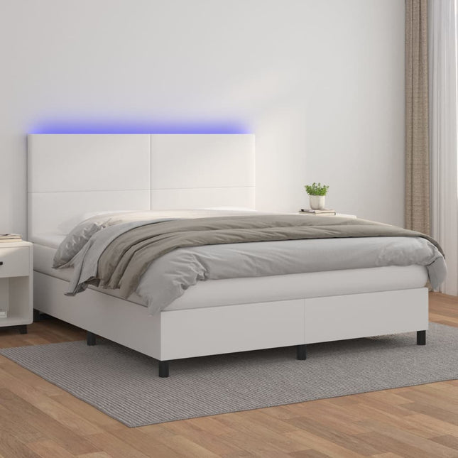 Boxspring Met Matras En Led Kunstleer Wit 160 x 200 cm Effen ontwerp