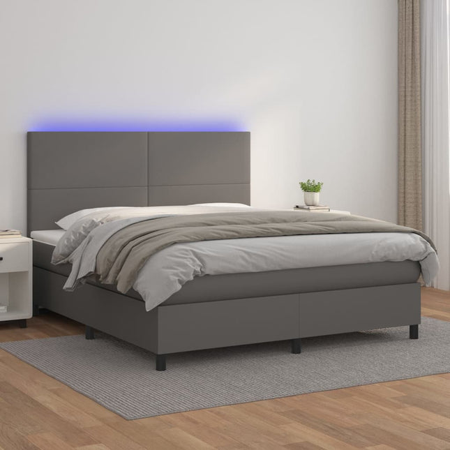 Boxspring Met Matras En Led Kunstleer Grijs 160 x 200 cm Effen ontwerp