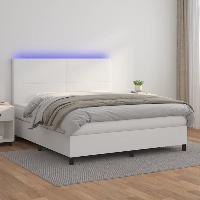 Boxspring Met Matras En Led Kunstleer Wit 180 x 200 cm Effen ontwerp