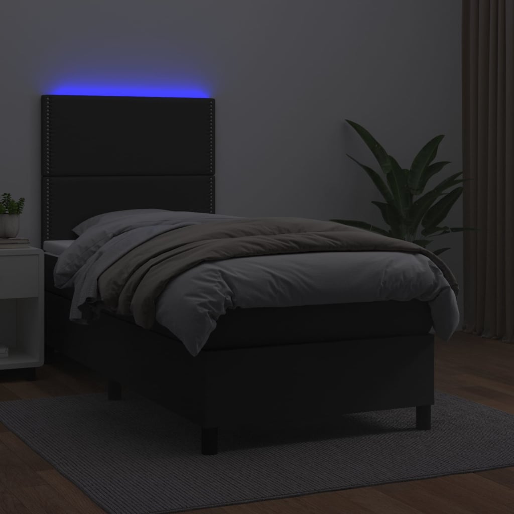 Boxspring Met Matras En Led Kunstleer Zwart 90 x 190 cm Effen met spijkers