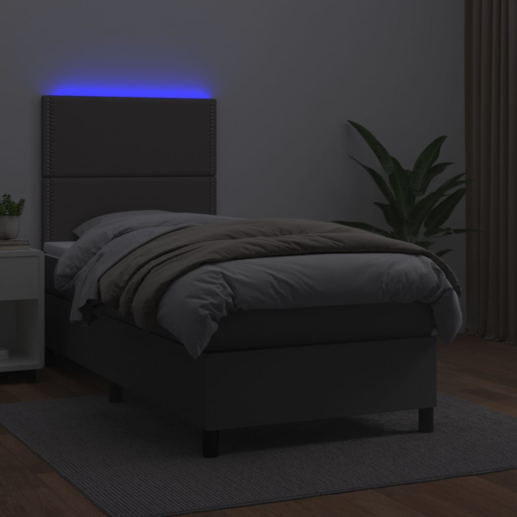 Boxspring Met Matras En Led Kunstleer Grijs 90 x 190 cm Effen met spijkers