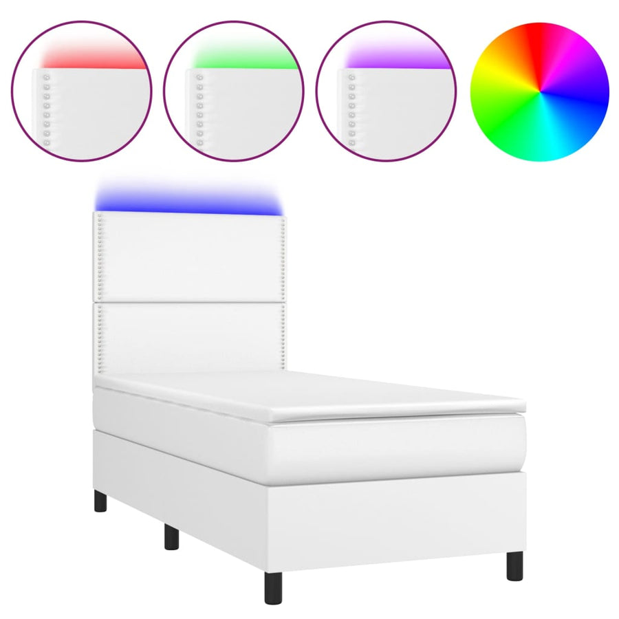 Boxspring Met Matras En Led Kunstleer Wit 100 x 200 cm Effen met spijkers