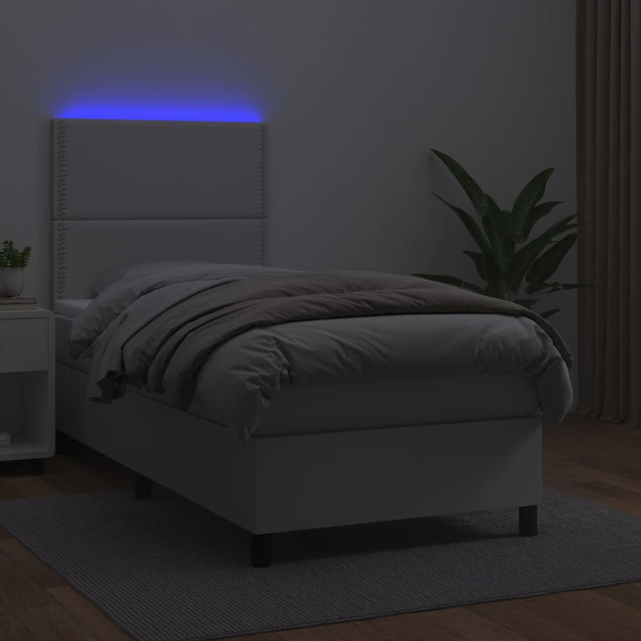 Boxspring Met Matras En Led Kunstleer Wit 100 x 200 cm Effen met spijkers