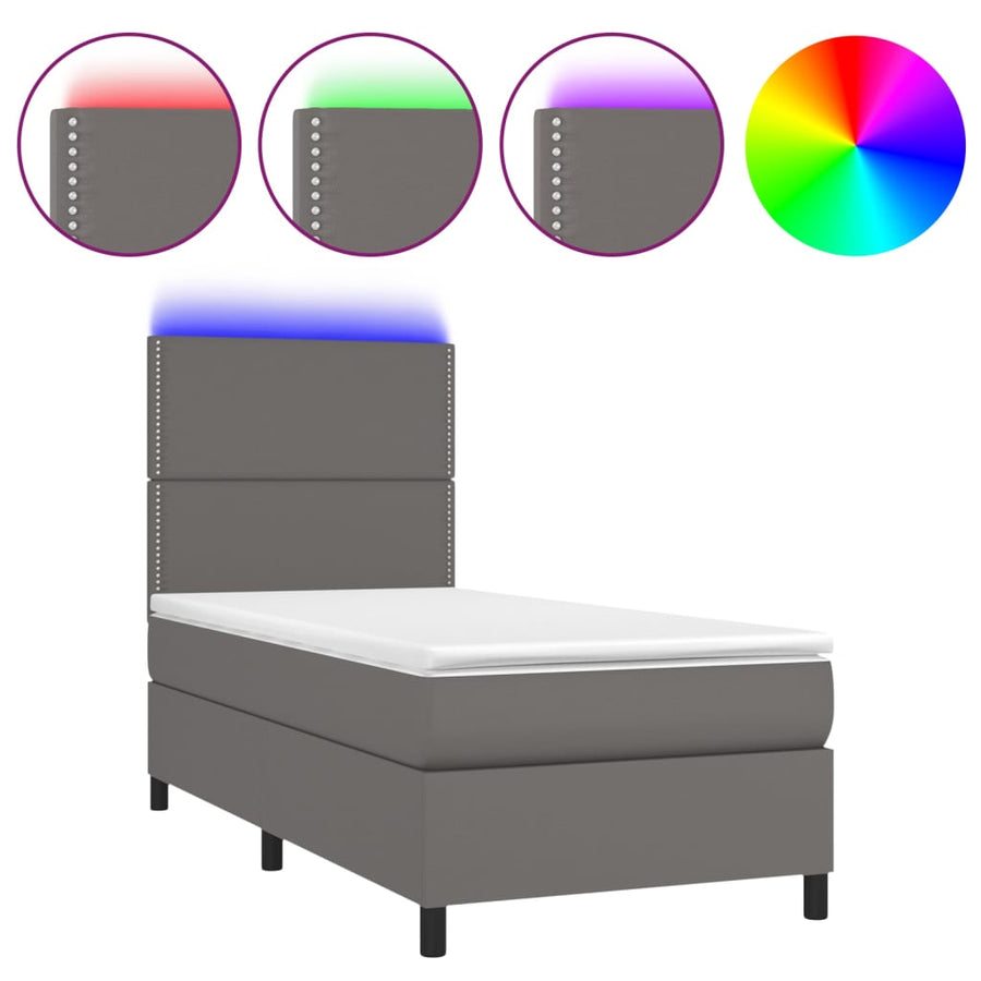 Boxspring Met Matras En Led Kunstleer Grijs 100 x 200 cm Effen met spijkers
