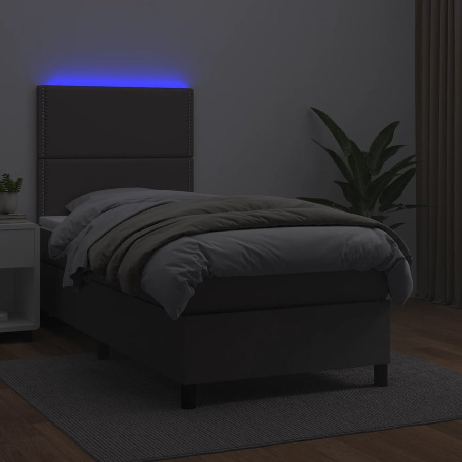 Boxspring Met Matras En Led Kunstleer Grijs 100 x 200 cm Effen met spijkers