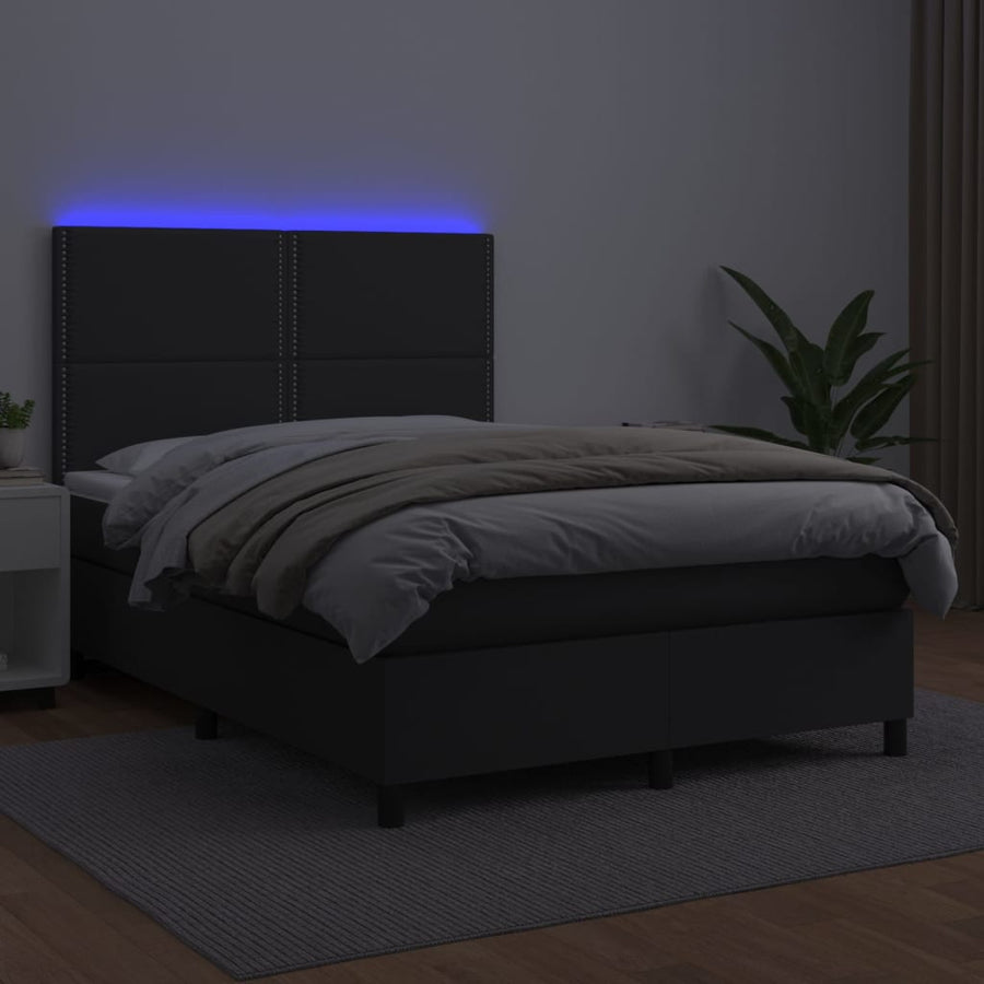 Boxspring Met Matras En Led Kunstleer Zwart 140 x 190 cm Effen met spijkers