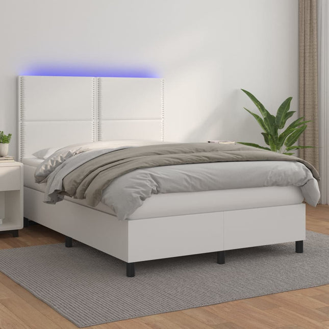 Boxspring Met Matras En Led Kunstleer Zwart Wit 140 x 190 cm Effen met spijkers