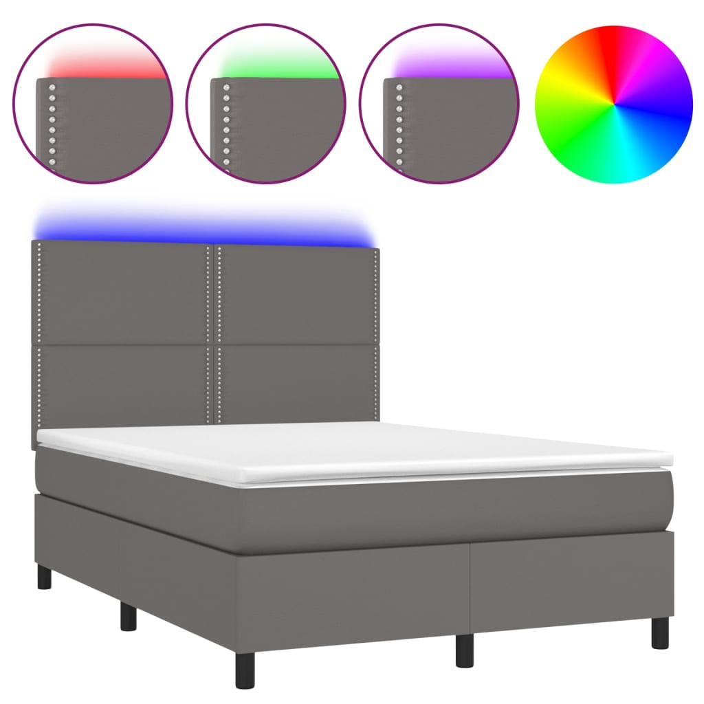 Boxspring Met Matras En Led Kunstleer Grijs 140 x 190 cm Effen met spijkers