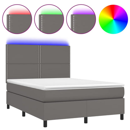 Boxspring Met Matras En Led Kunstleer Grijs 140 x 190 cm Effen met spijkers