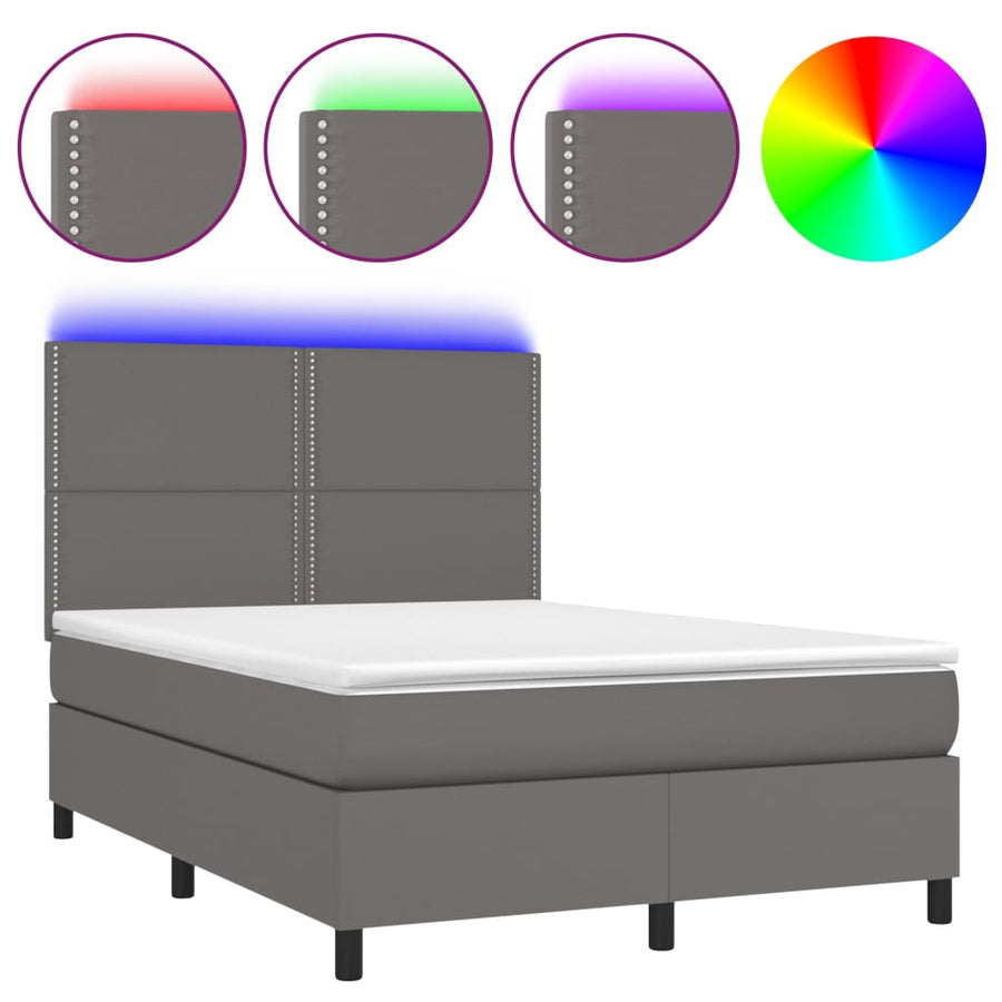 Boxspring Met Matras En Led Kunstleer Grijs 140 x 190 cm Effen met spijkers