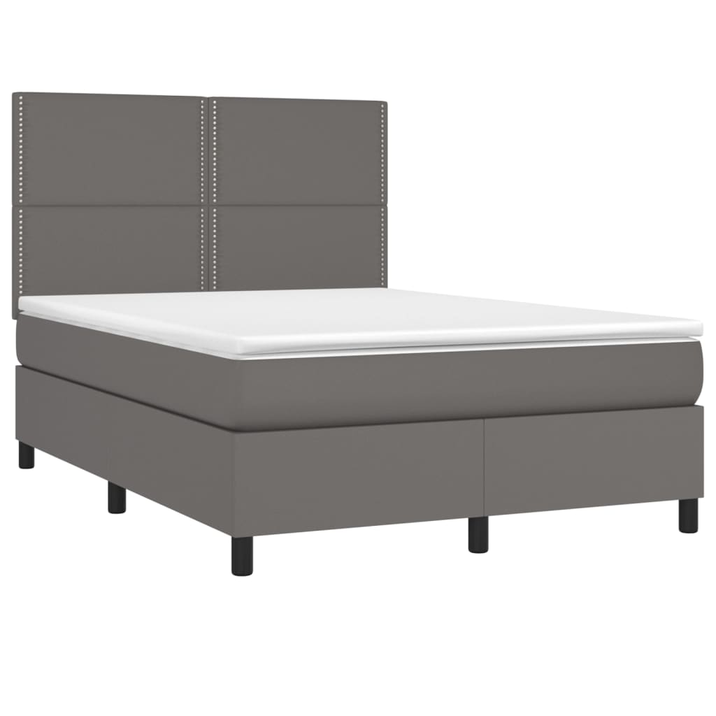 Boxspring Met Matras En Led Kunstleer Grijs 140 x 190 cm Effen met spijkers