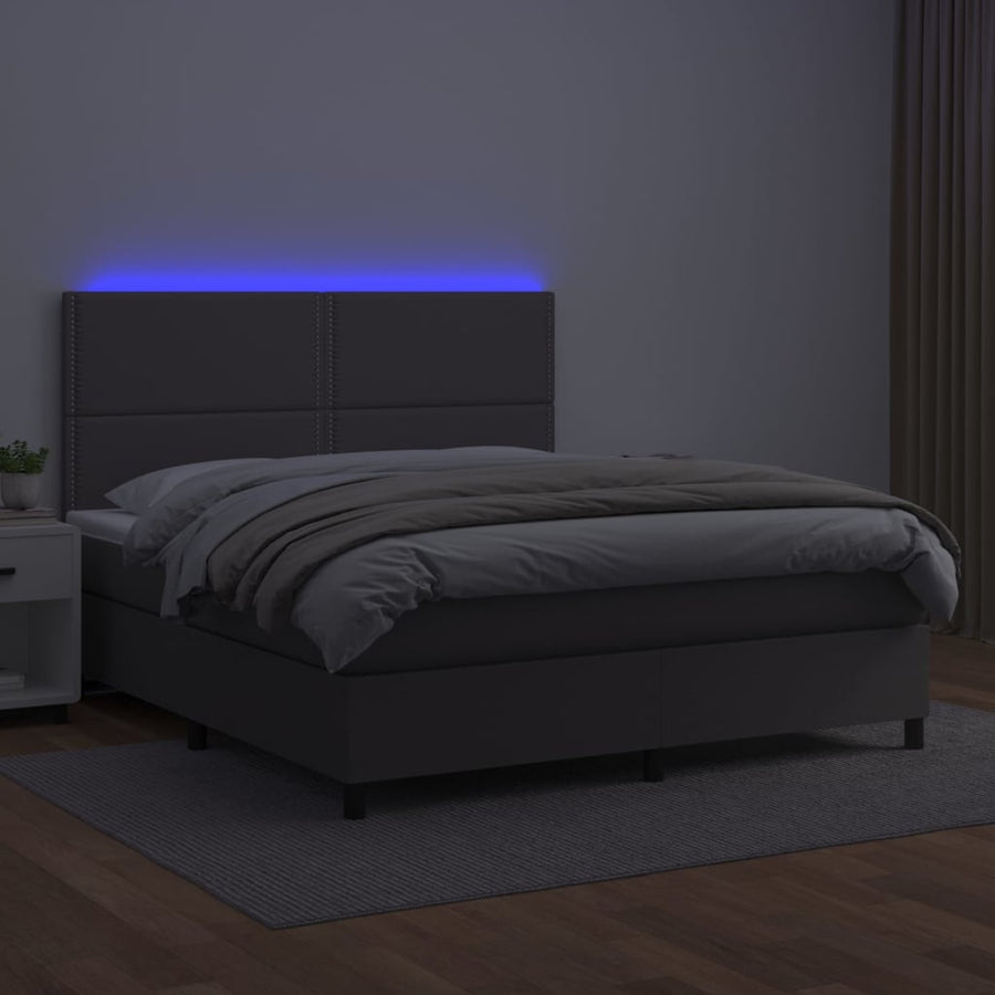 Boxspring Met Matras En Led Kunstleer Grijs 140 x 190 cm Effen met spijkers