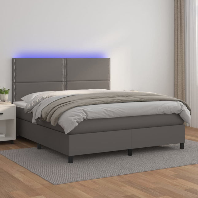 Boxspring Met Matras En Led Kunstleer Grijs 140 x 190 cm Effen met spijkers