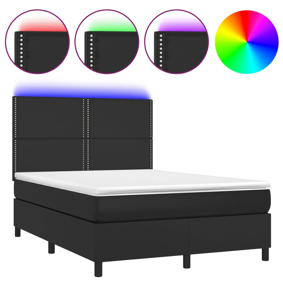 Boxspring Met Matras En Led Kunstleer Zwart 140 x 200 cm Effen met spijkers