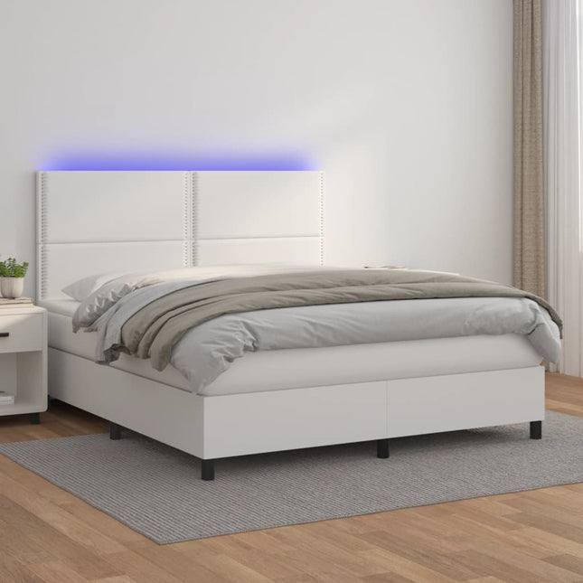 Boxspring Met Matras En Led Kunstleer Wit 160 x 200 cm Effen met spijkers