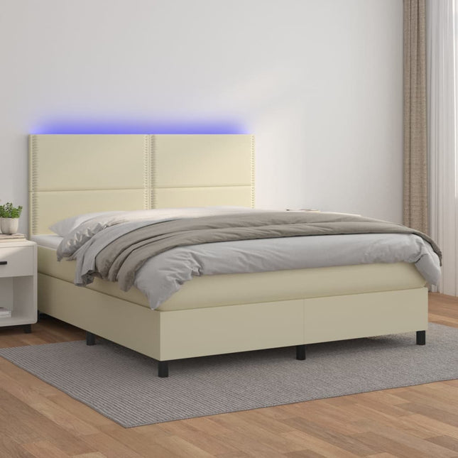 Boxspring met matras en LED kunstleer crèmekleurig 160x200 cm 160 x 200 cm Effen met spijkers