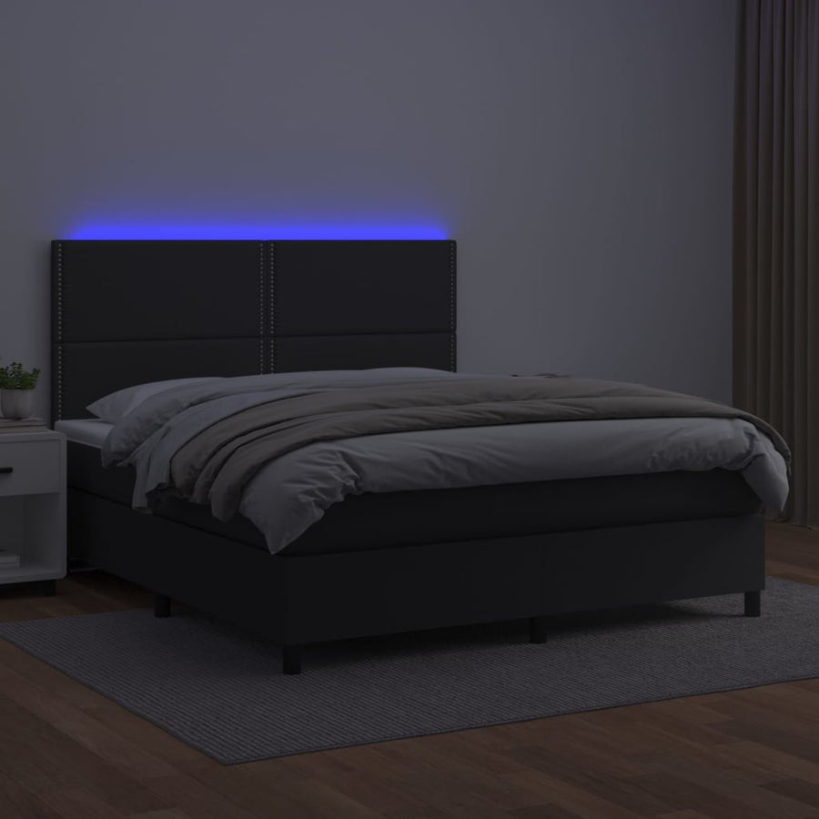 Boxspring Met Matras En Led Kunstleer Zwart 180 x 200 cm Effen met spijkers