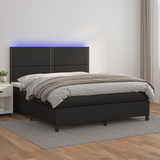 Boxspring Met Matras En Led Kunstleer Zwart 180 x 200 cm Effen met spijkers