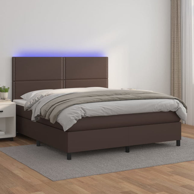 Boxspring met matras en LED kunstleer bruin 180x200 cm 180 x 200 cm Effen met spijkers