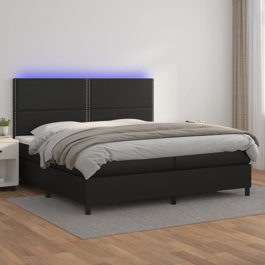 Boxspring Met Matras En Led Kunstleer Zwart 200 x 200 cm Effen met spijkers