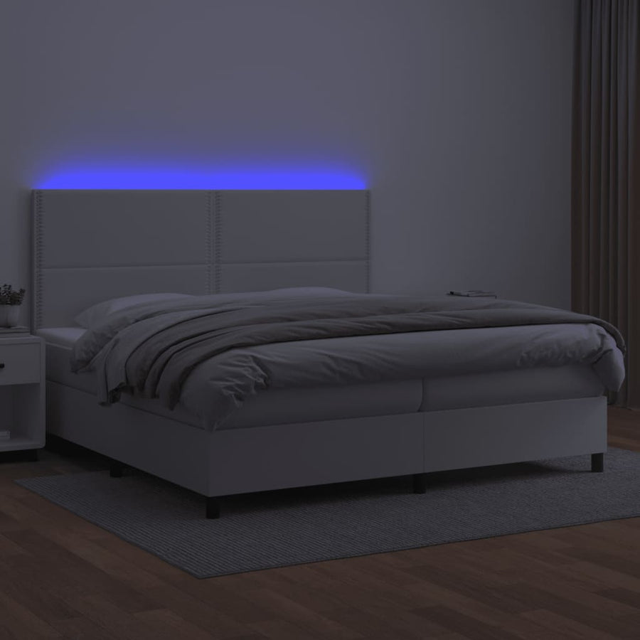 Boxspring Met Matras En Led Kunstleer Wit 200 x 200 cm Effen met spijkers