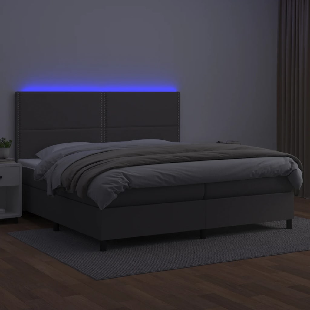 Boxspring Met Matras En Led Kunstleer Grijs 200 x 200 cm Effen met spijkers