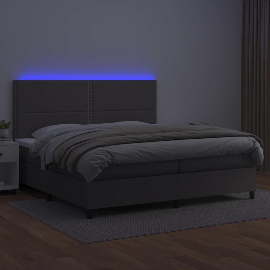 Boxspring Met Matras En Led Kunstleer Grijs 200 x 200 cm Effen met spijkers