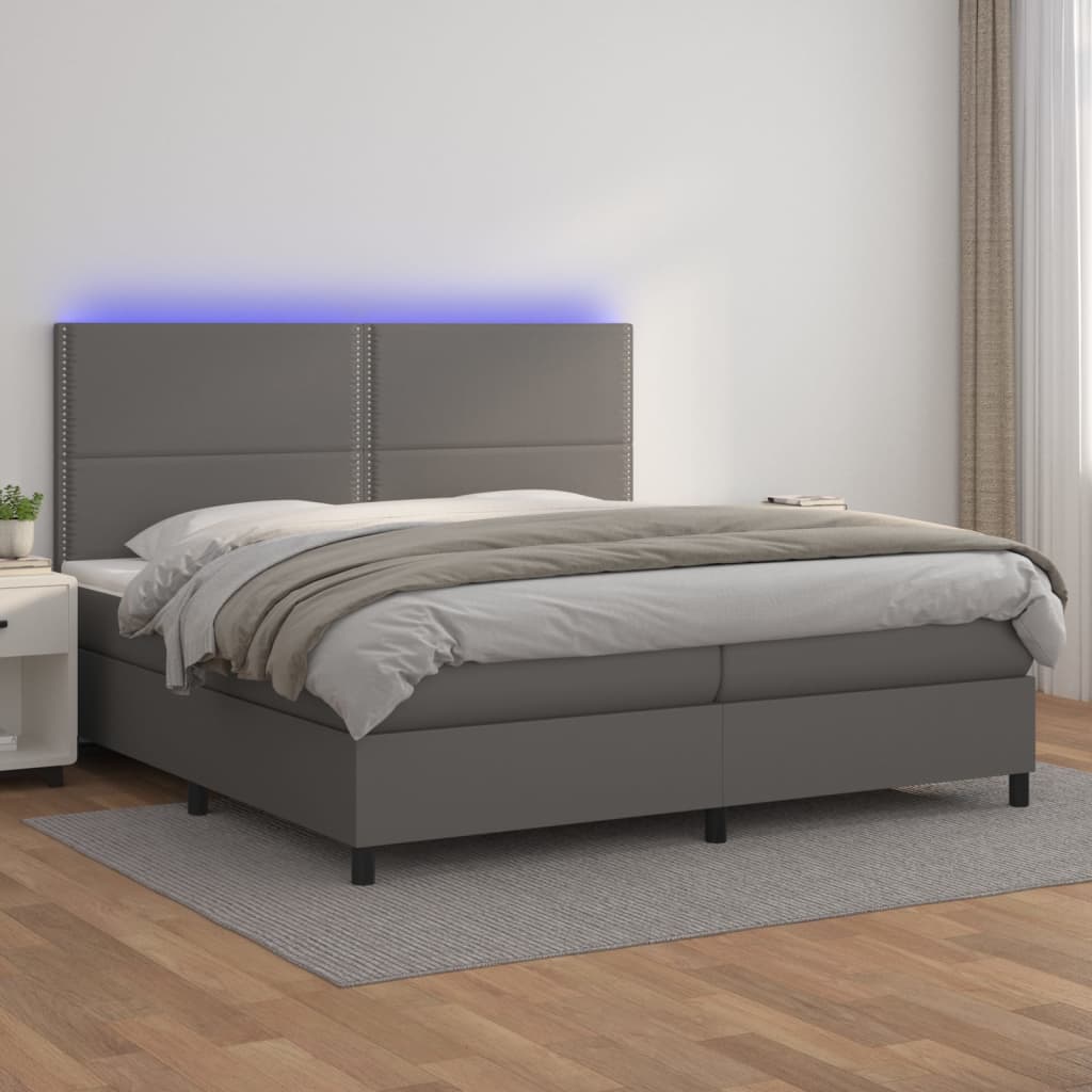 Boxspring Met Matras En Led Kunstleer Grijs 200 x 200 cm Effen met spijkers