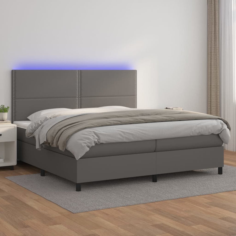 Boxspring Met Matras En Led Kunstleer Grijs 200 x 200 cm Effen met spijkers