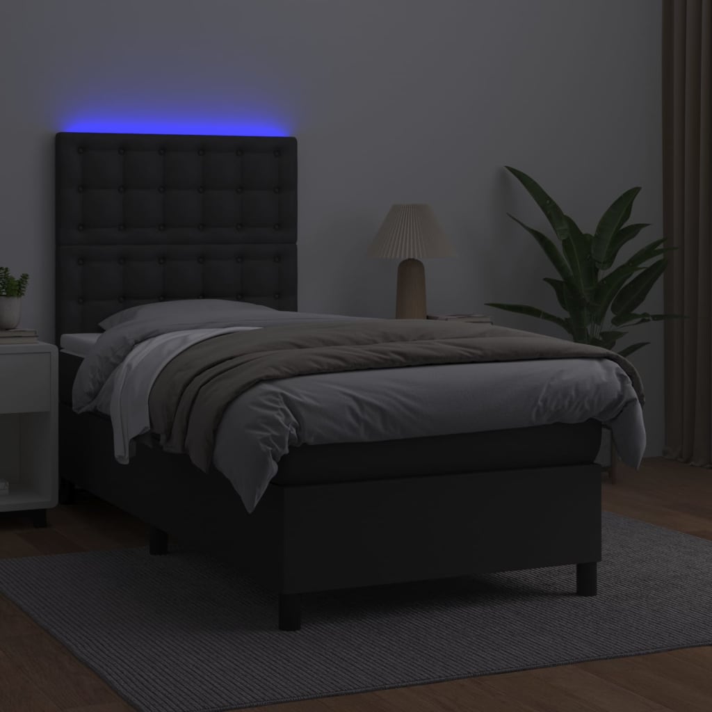 Boxspring Met Matras En Led Kunstleer Zwart 80 x 200 cm Knopen
