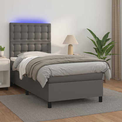 Boxspring Met Matras En Led Kunstleer Grijs 80 x 200 cm Knopen