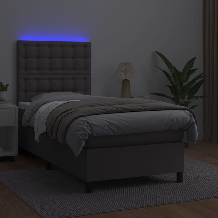 Boxspring Met Matras En Led Kunstleer Grijs 90 x 200 cm Knopen