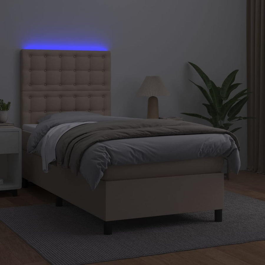 Boxspring Met Matras En Led Kunstleer Cappuccinokleur 90X200 Cm 90 x 200 cm Knopen