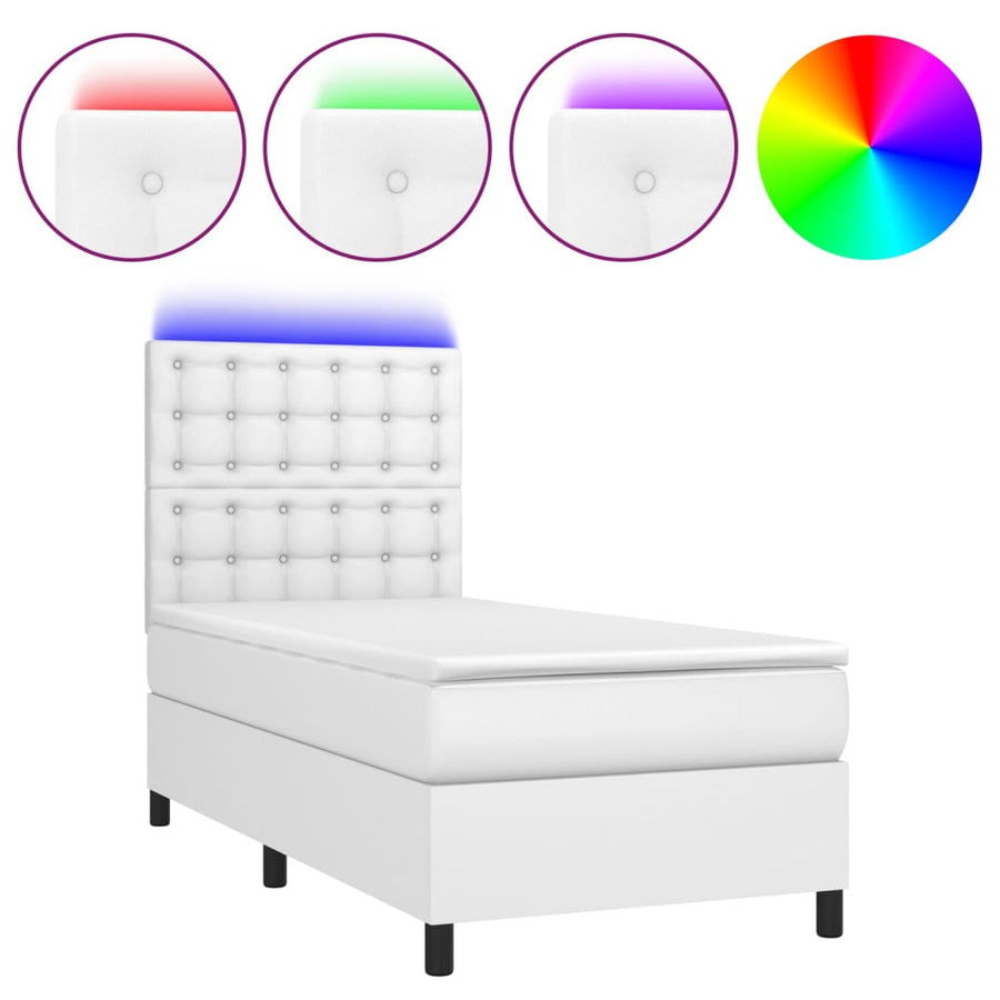 Boxspring Met Matras En Led Kunstleer 100 x 200 cm Wit Knopen