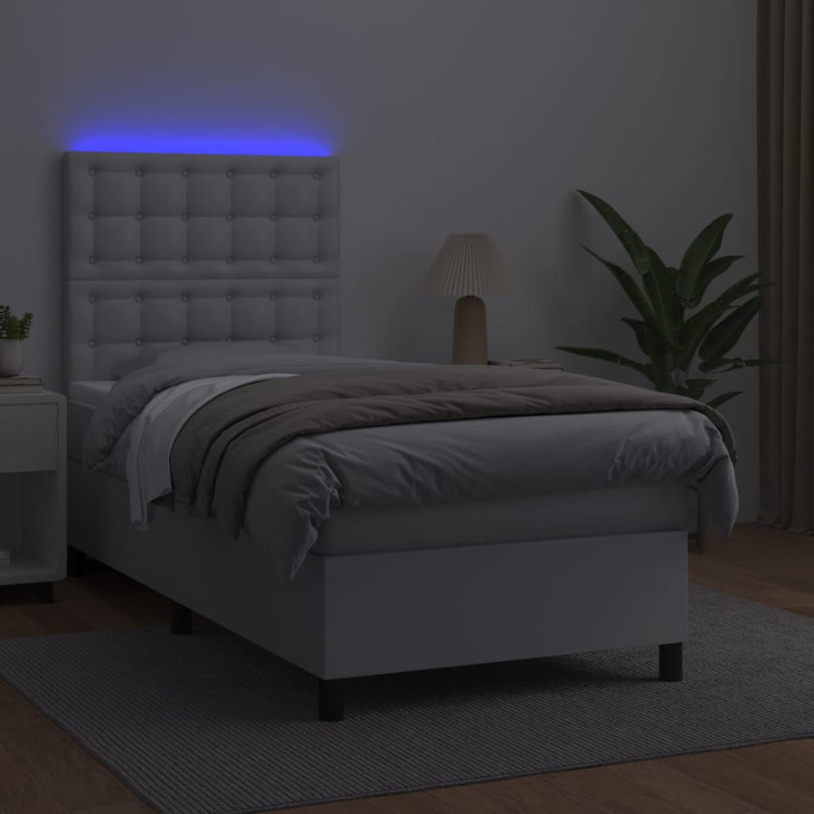 Boxspring Met Matras En Led Kunstleer 100 x 200 cm Wit Knopen