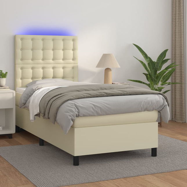 Boxspring Met Matras En Led Kunstleer Kleurig Crème 100 x 200 cm Knopen