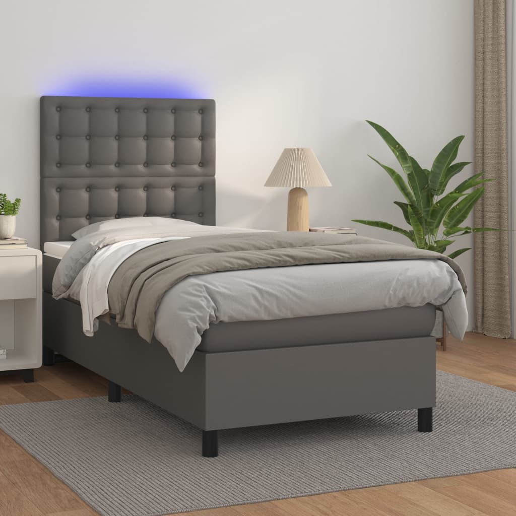 Boxspring Met Matras En Led Kunstleer 100 x 200 cm Grijs Knopen