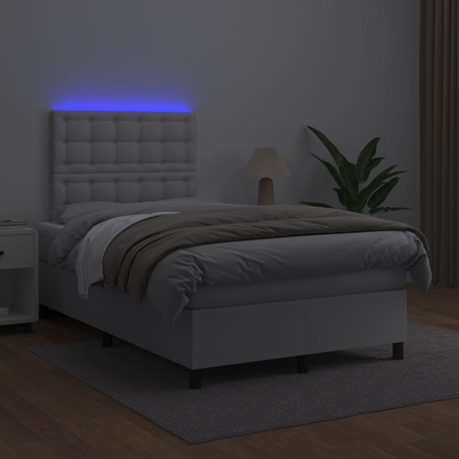 Boxspring Met Matras En Led Kunstleer Wit 120X200 Cm 120 x 200 cm Knopen
