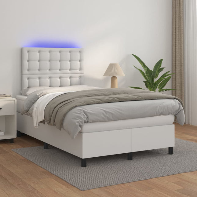 Boxspring Met Matras En Led Kunstleer Wit 120X200 Cm 120 x 200 cm Knopen