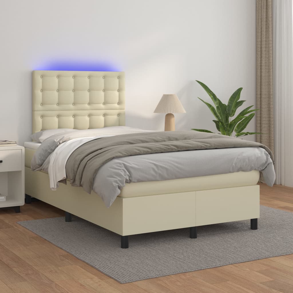Boxspring Met Matras En Led Kunstleer Kleurig Crème 120 x 200 cm