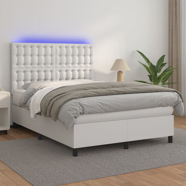 Boxspring Met Matras En Led Kunstleer Zwart Wit 140 x 190 cm Knopen