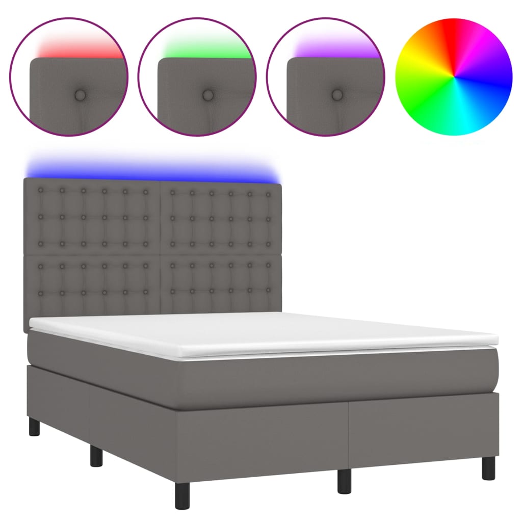 Boxspring Met Matras En Led Kunstleer Grijs 140 x 190 cm Knopen
