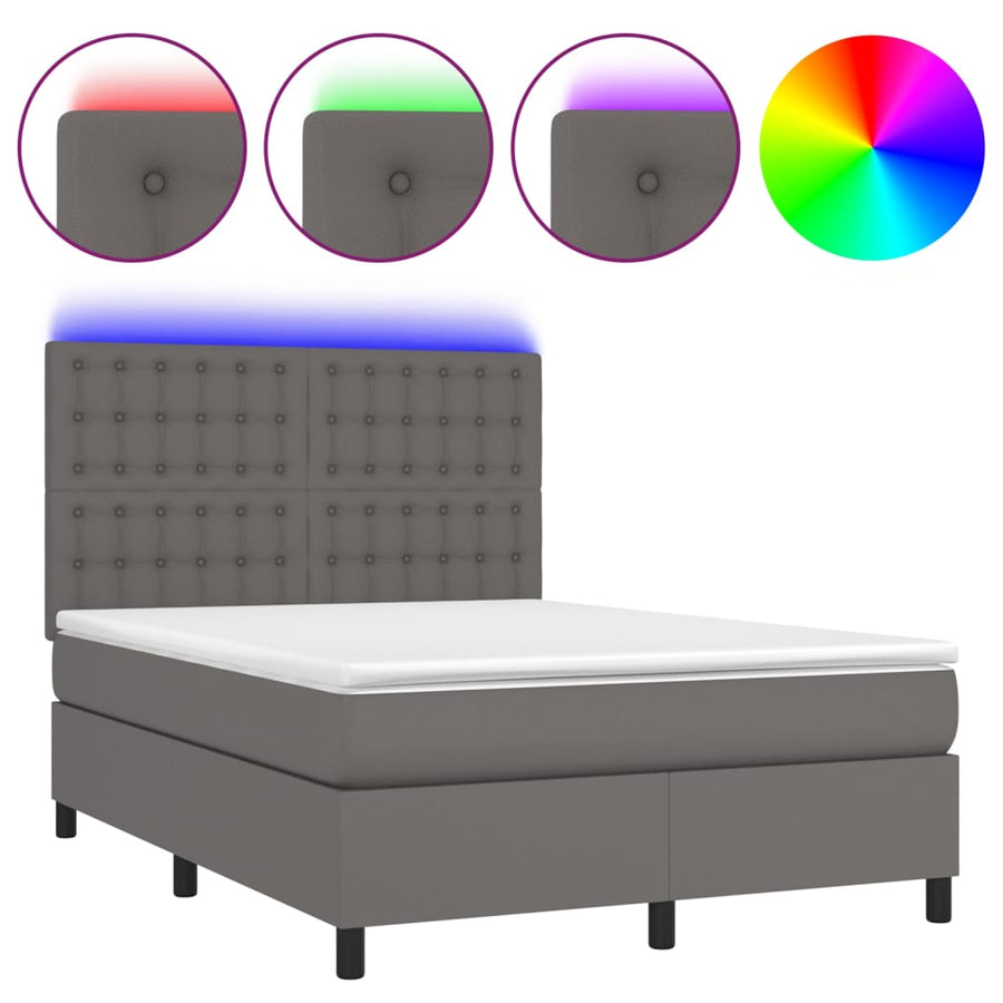 Boxspring Met Matras En Led Kunstleer Grijs 140 x 190 cm Knopen