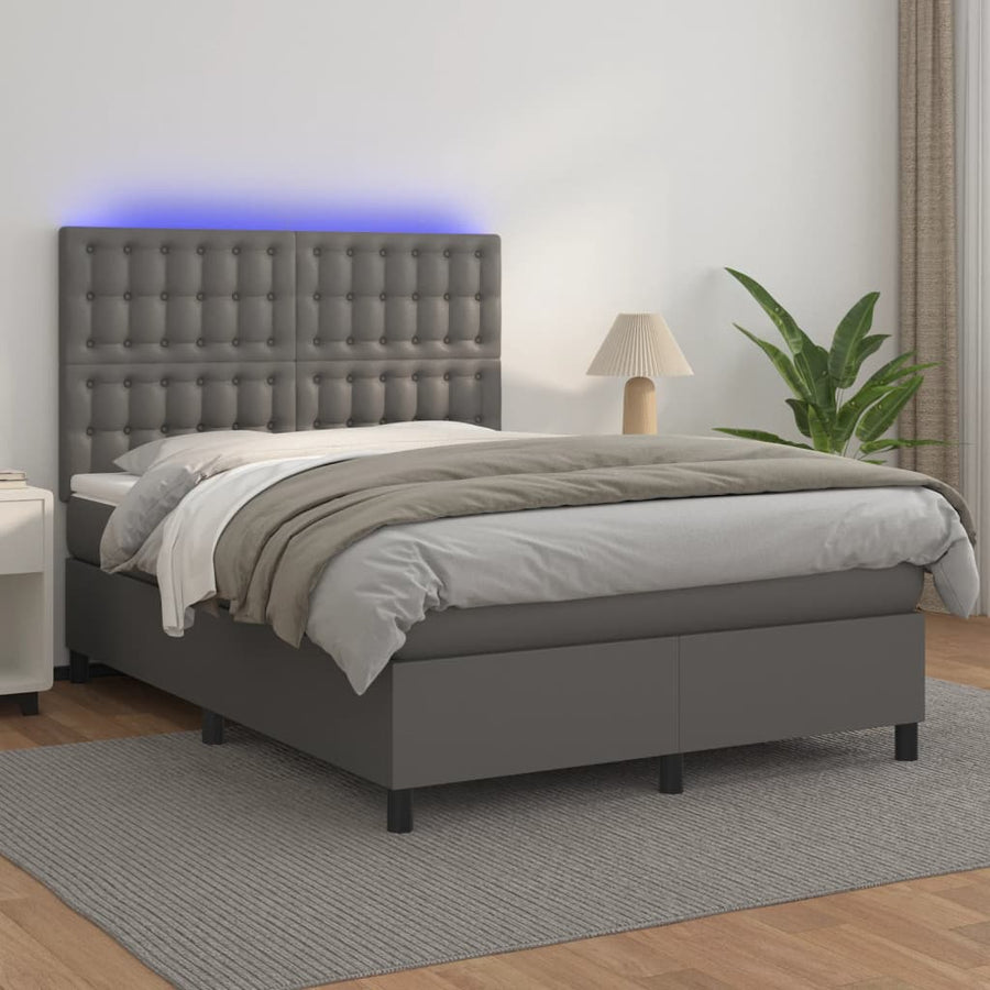Boxspring Met Matras En Led Kunstleer Grijs 140 x 190 cm Knopen