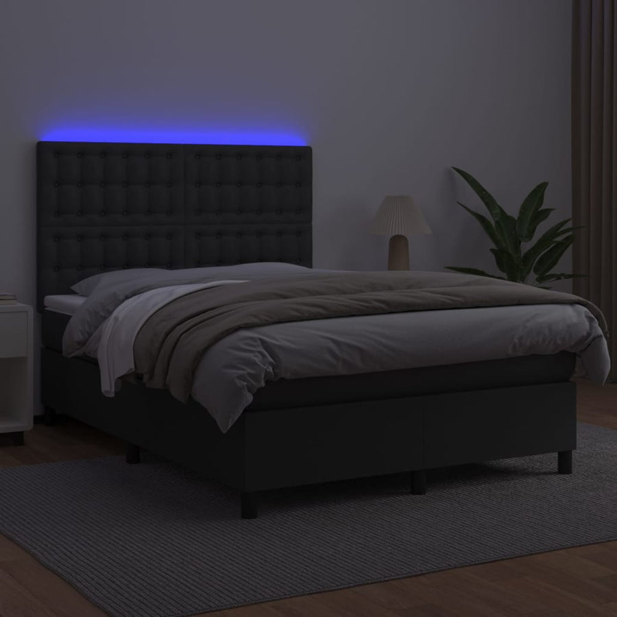 Boxspring Met Matras En Led Kunstleer Zwart 140 x 200 cm Knopen