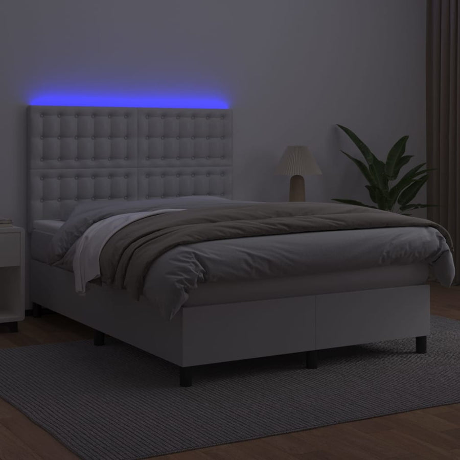 Boxspring Met Matras En Led Kunstleer Wit 140 x 200 cm Knopen