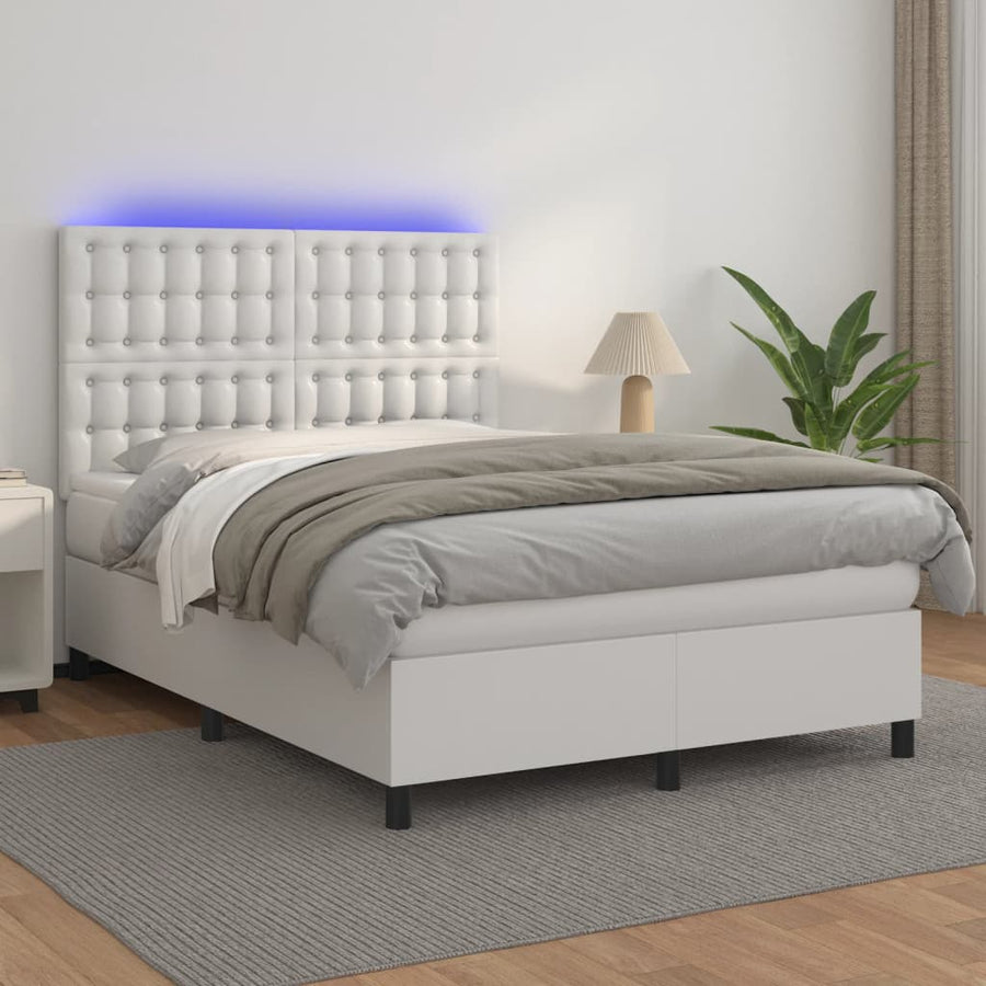 Boxspring Met Matras En Led Kunstleer Wit 140 x 200 cm Knopen