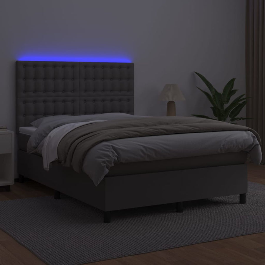 Boxspring Met Matras En Led Kunstleer Grijs 140 x 200 cm Knopen