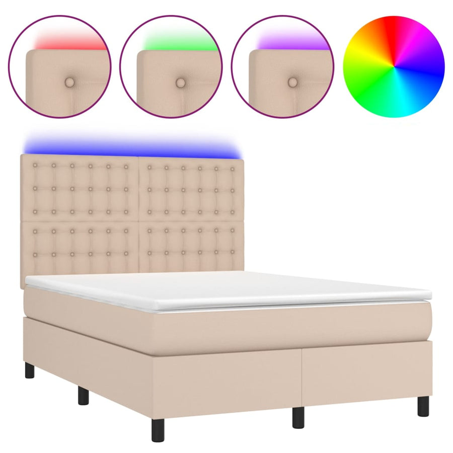 Boxspring Met Matras En Led Kunstleer Kleur 140X200Cm Cappuccino 140 x 200 cm Knopen